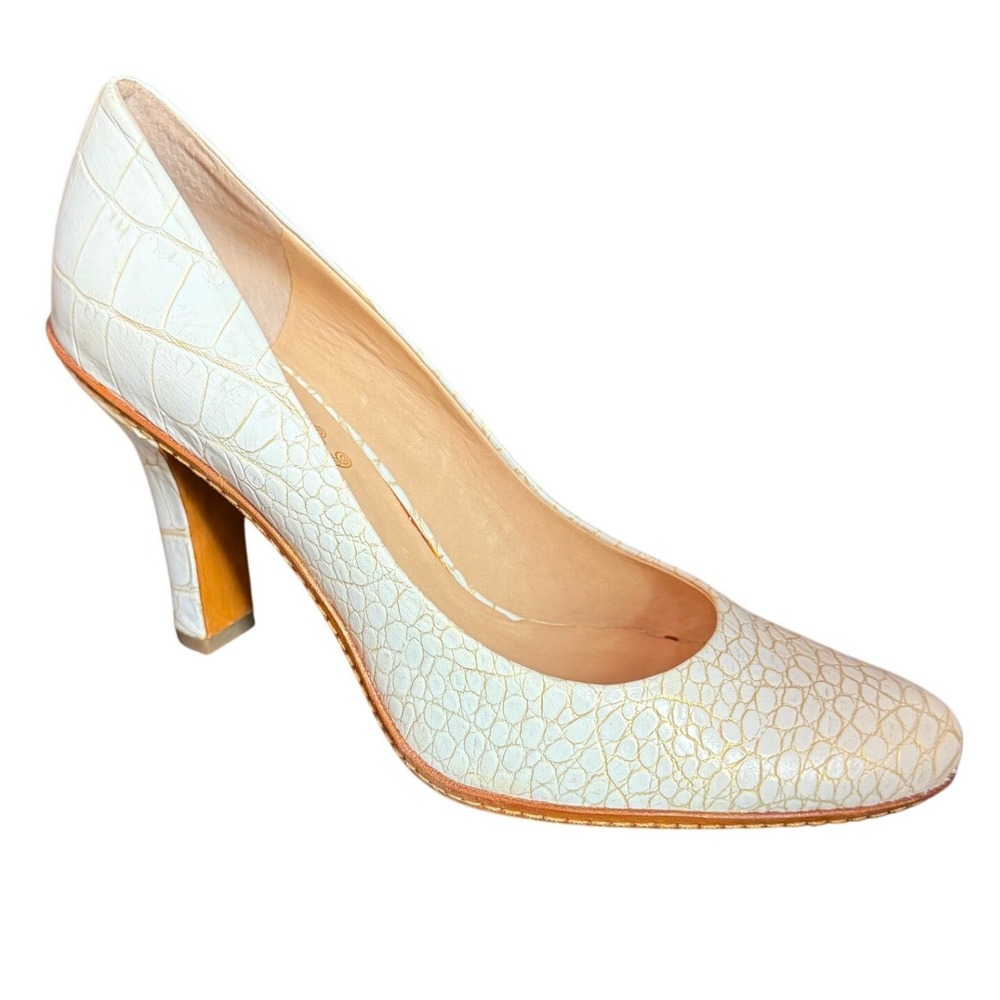 Modern Vintage White Gold Croc Embossed Leather Pumps Heels 7.5 EU 38.5 European